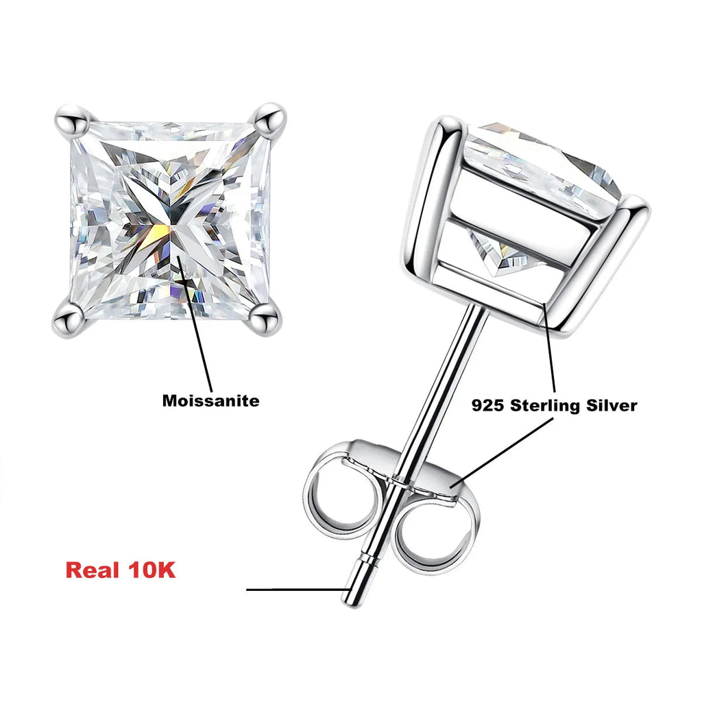 Brincos Stud de Moissanita Princess Cut 10K Ouro | 4ct / 2ct / 1.2ct Total – Hipoalergênicos