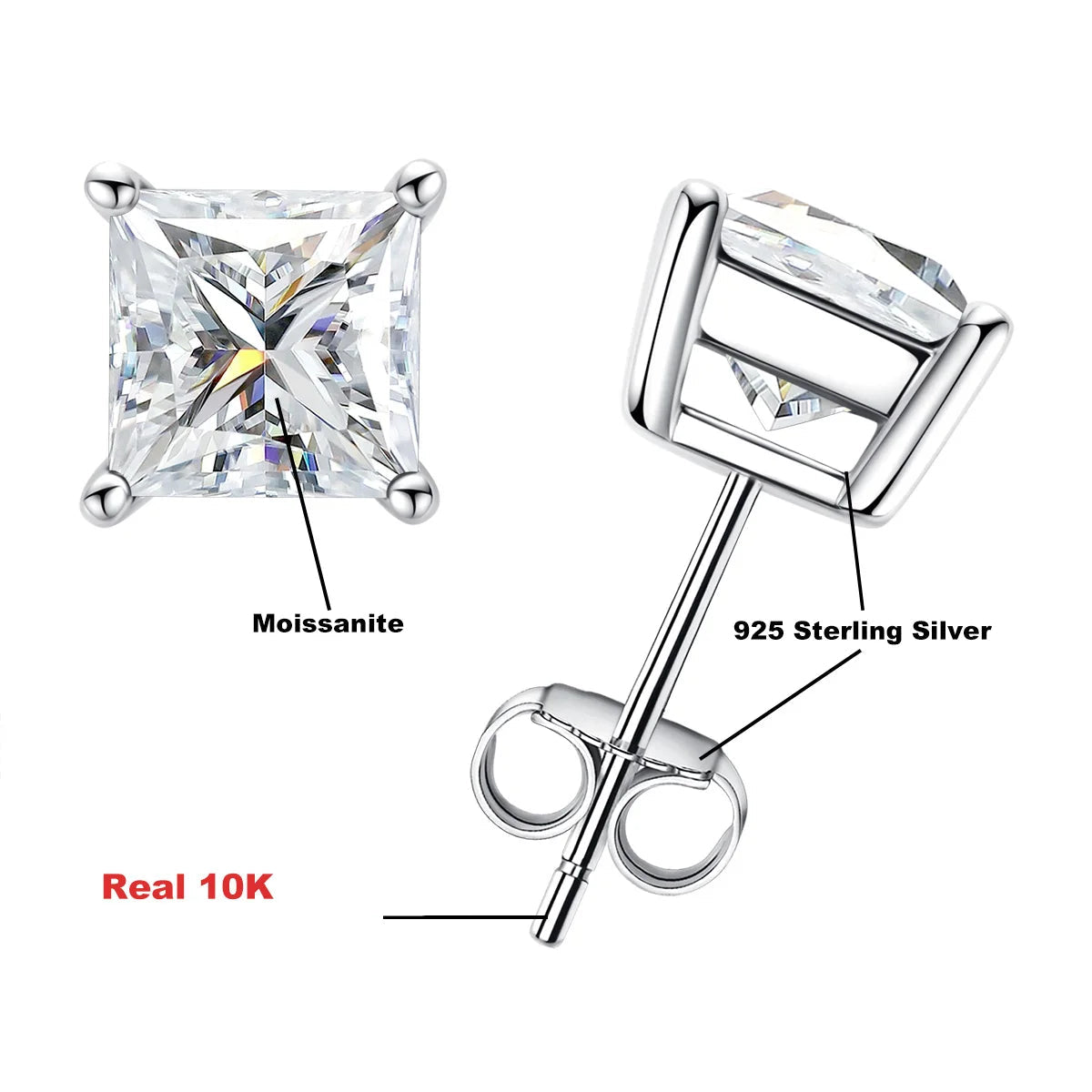 Brincos Stud de Moissanita Princess Cut 10K Ouro | 4ct / 2ct / 1.2ct Total – Hipoalergênicos