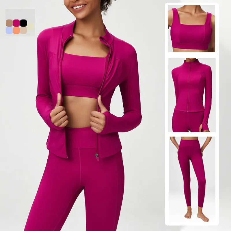 Conjunto Fitness Feminino 2 ou 3 Peças Fit Diamond – Top + Legging + Jaqueta Slim Fit
