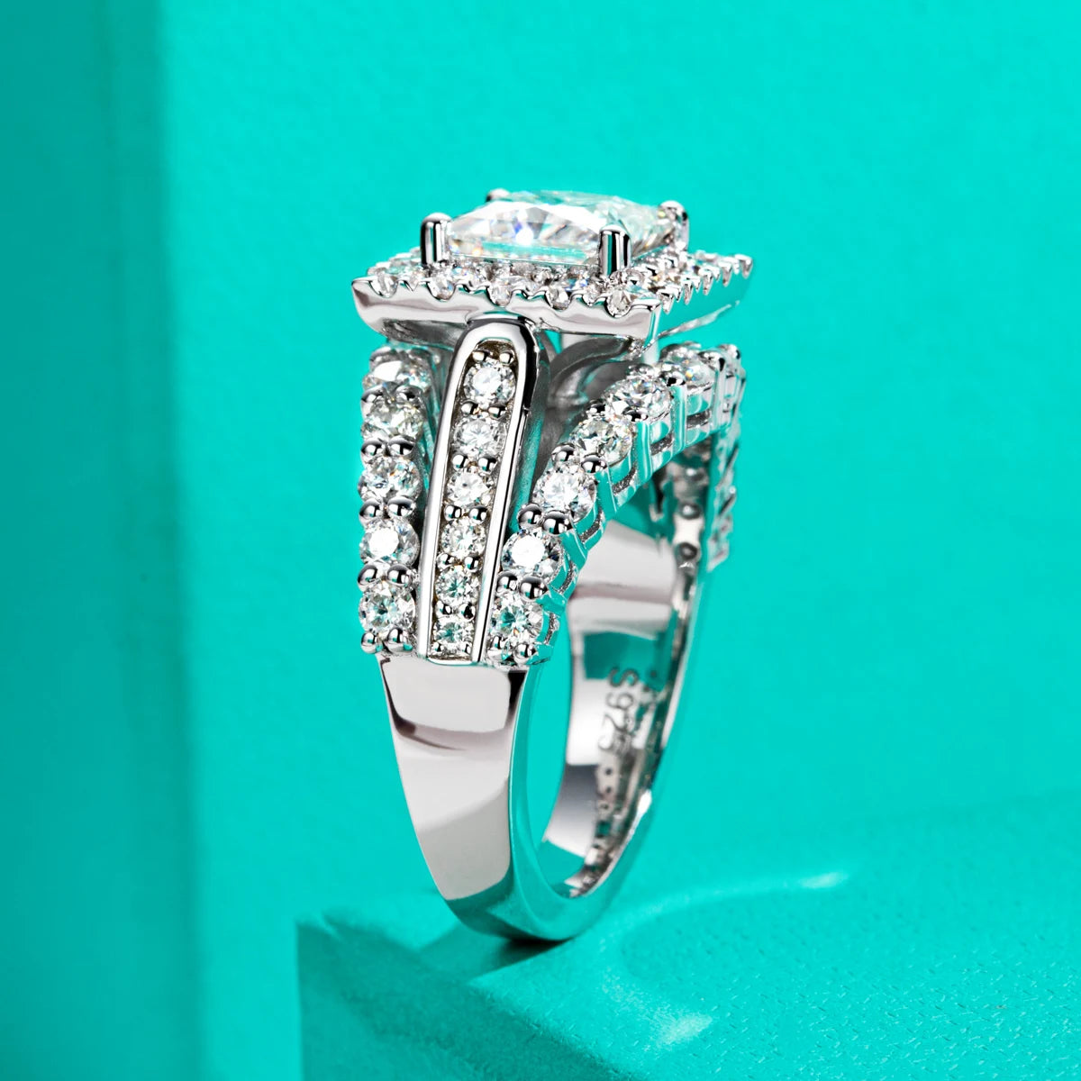 Anel de Noivado Moissanita Princess Cut 3.88ct D Color em Prata 925 Luxo Feminino