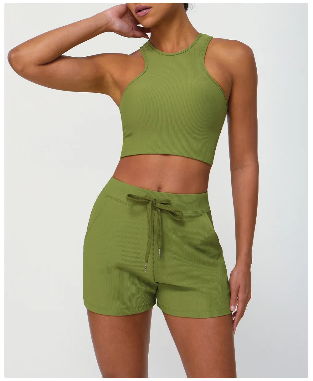 Conjunto Fitness Diamond Active Short 2 Peças Top Cropped e Short Anatômico com Bolsos Funcionais