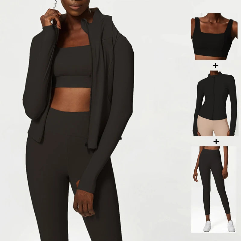 Conjunto Fitness Feminino 2 ou 3 Peças Fit Diamond – Top + Legging + Jaqueta Slim Fit