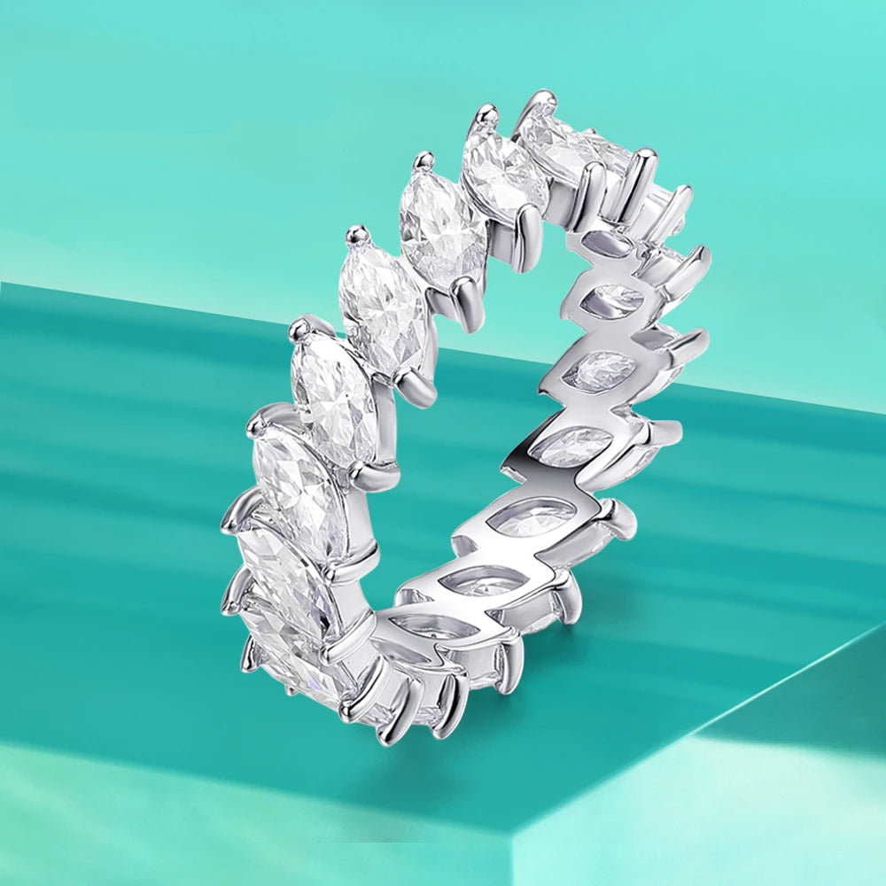 Anel Inteiro de Navetes Eternity Moissanita 3x6mm Marquise em Prata 925 com Certificação GRA