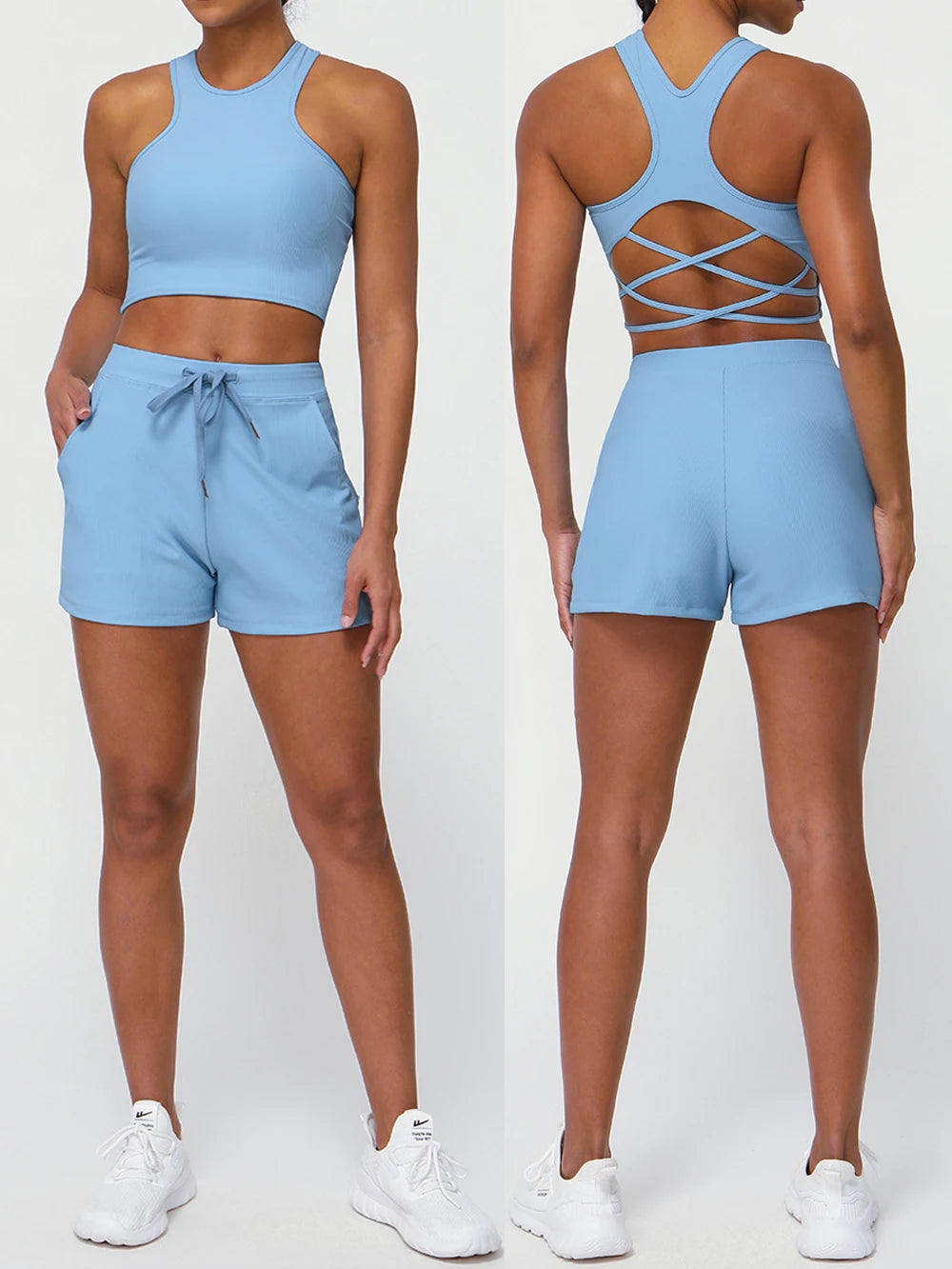 Conjunto Fitness Diamond Active Short 2 Peças Top Cropped e Short Anatômico com Bolsos Funcionais