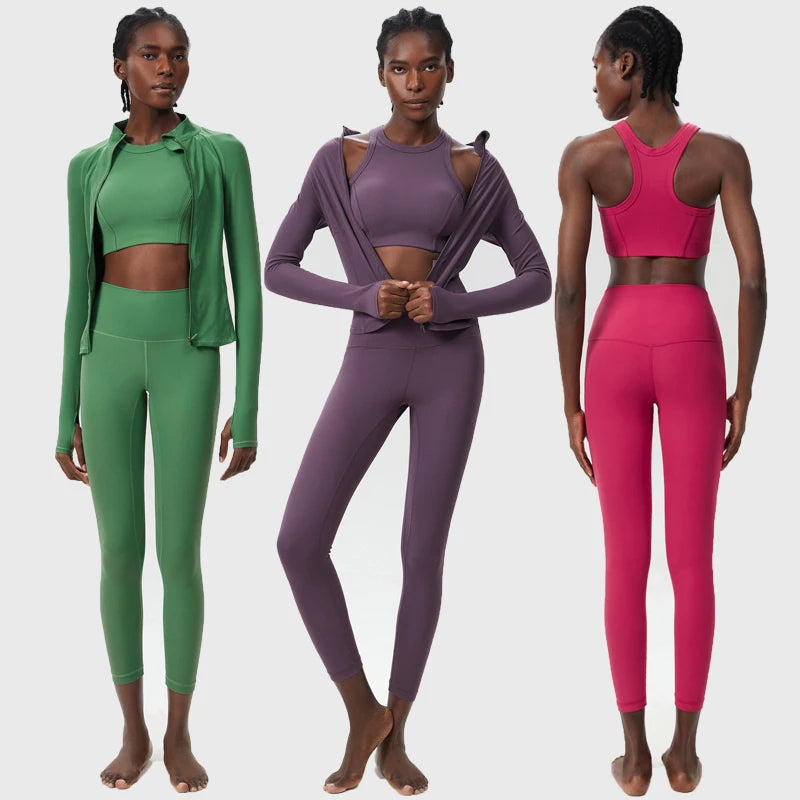 Conjunto Fitness Diamond Ribbed 3 Peças Top Cropped, Legging Anatômica e Blusa de Manga Longa