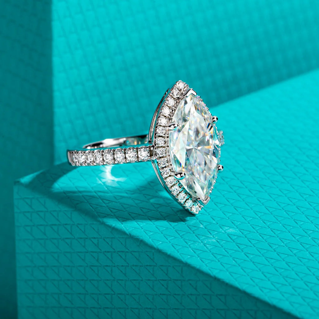 Anel Halo de Noivado com Moissanita Marquise 3ct em Prata 925 – Cor D VVS1, Luxo Feminino
