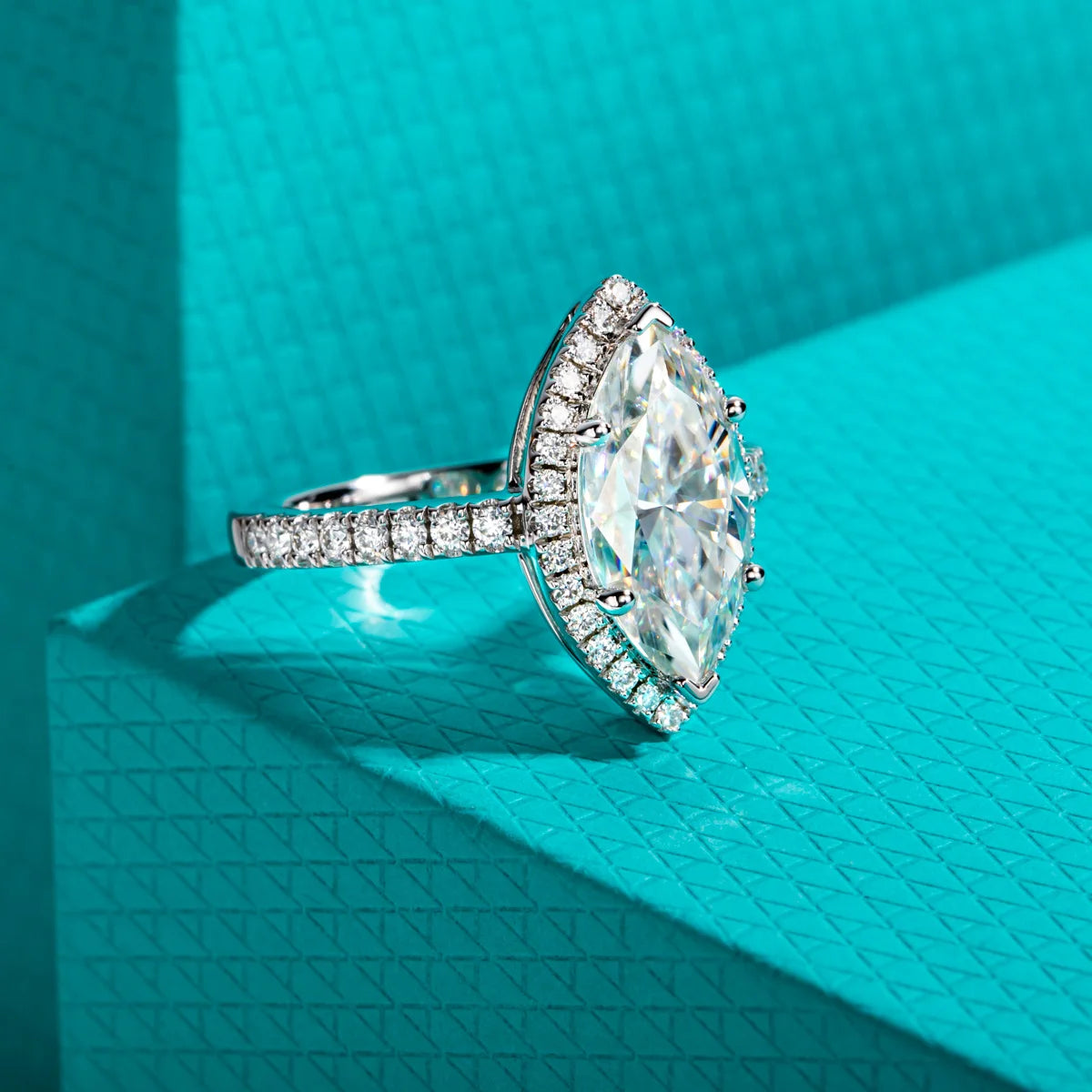 Anel Halo de Noivado com Moissanita Marquise 3ct em Prata 925 – Cor D VVS1, Luxo Feminino
