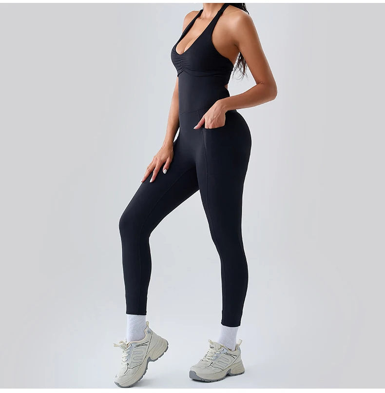 Macacão Fitness Feminino Sem Manga com Bolsos – Push Up One Piece | Fit Diamond