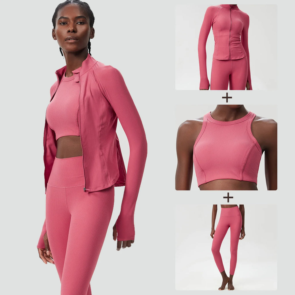 Conjunto Fitness Diamond Ribbed 3 Peças Top Cropped, Legging Anatômica e Blusa de Manga Longa