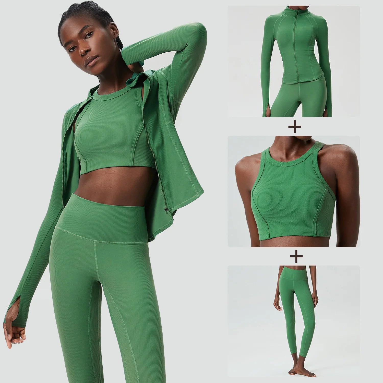 Conjunto Fitness Diamond Ribbed 3 Peças Top Cropped, Legging Anatômica e Blusa de Manga Longa