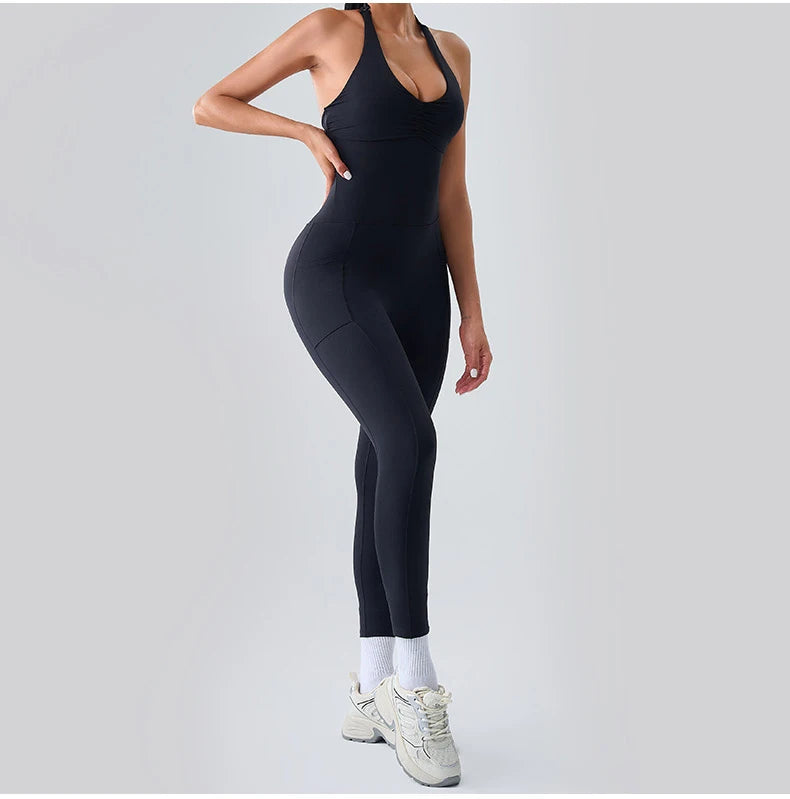 Macacão Fitness Feminino Sem Manga com Bolsos – Push Up One Piece | Fit Diamond